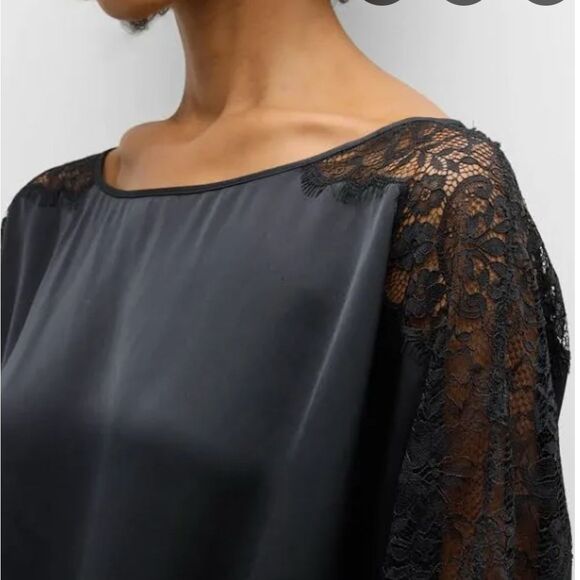 Ramy Brook NWT Alesia Navy Satin Blouse with Lace Detail - Picture 5 of 5